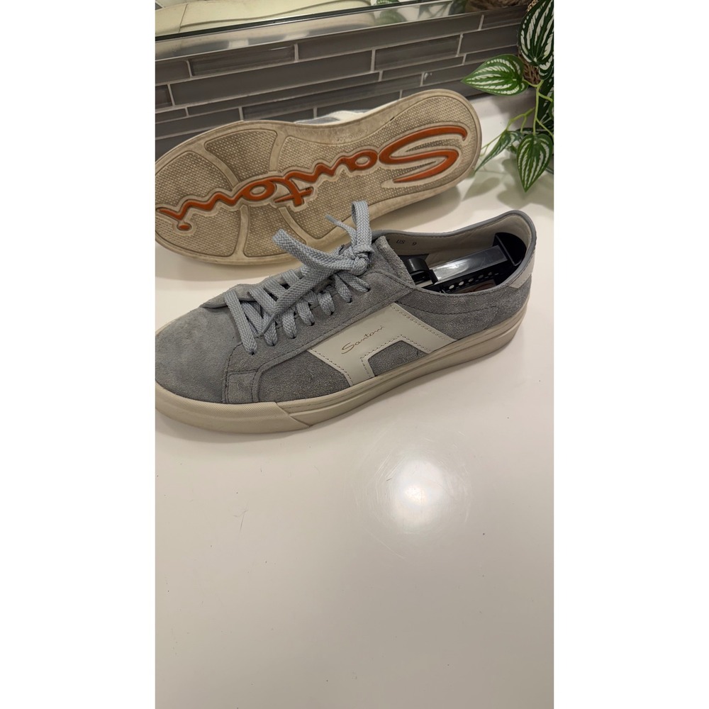 Santoni Mens Grey Suede Low Top Sneakers Leather Trim Lace Up Shoes Size 9 US